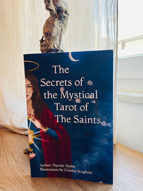 Box Set Limited Edition of the Mystical Tarot of the Saints. Premium gift containing gold edges linen tarot cards, altar cloth, art prints