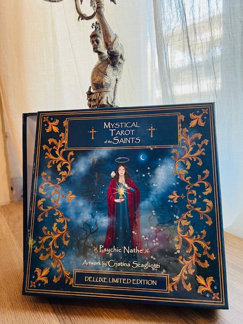 Box Set Limited Edition of the Mystical Tarot of the Saints. Premium gift containing gold edges linen tarot cards, altar cloth, art prints
