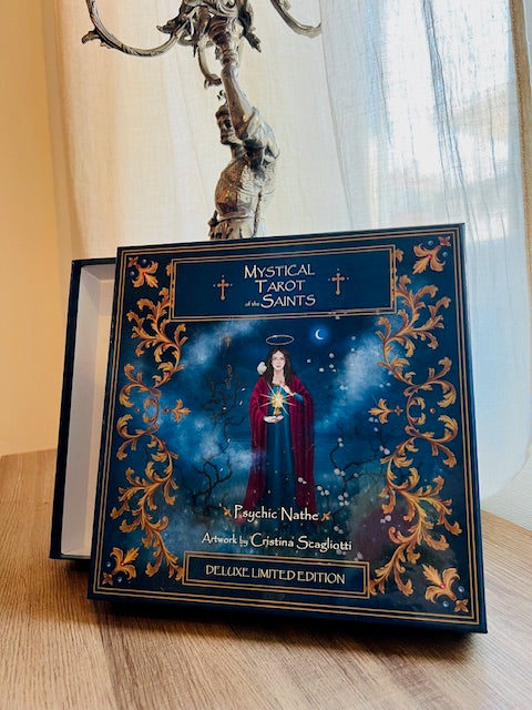 Box Set Limited Edition of the Mystical Tarot of the Saints. Premium gift containing gold edges linen tarot cards, altar cloth, art prints