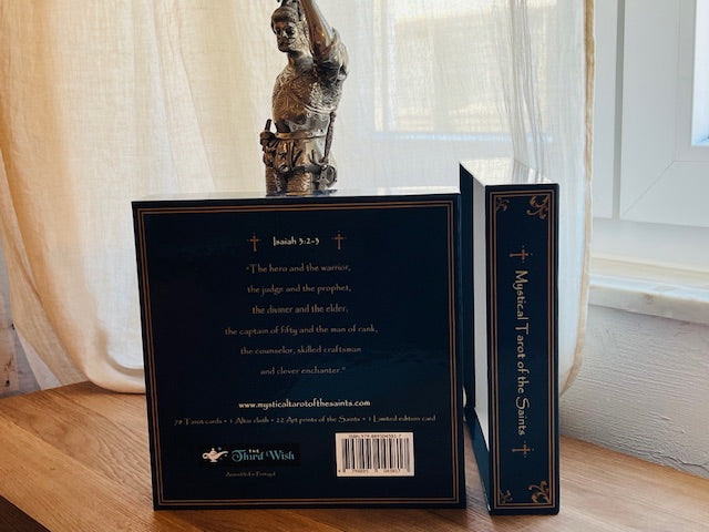 Box Set Limited Edition of the Mystical Tarot of the Saints. Premium gift containing gold edges linen tarot cards, altar cloth, art prints