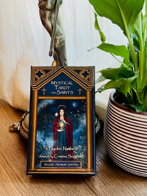 Box Set Limited Edition of the Mystical Tarot of the Saints. Premium gift containing gold edges linen tarot cards, altar cloth, art prints