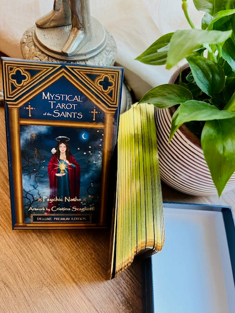 Box Set Limited Edition of the Mystical Tarot of the Saints. Premium gift containing gold edges linen tarot cards, altar cloth, art prints