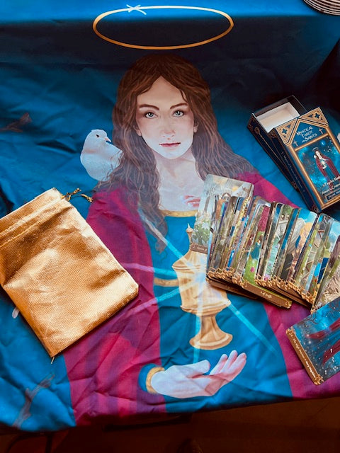 Box Set Limited Edition of the Mystical Tarot of the Saints. Premium gift containing gold edges linen tarot cards, altar cloth, art prints
