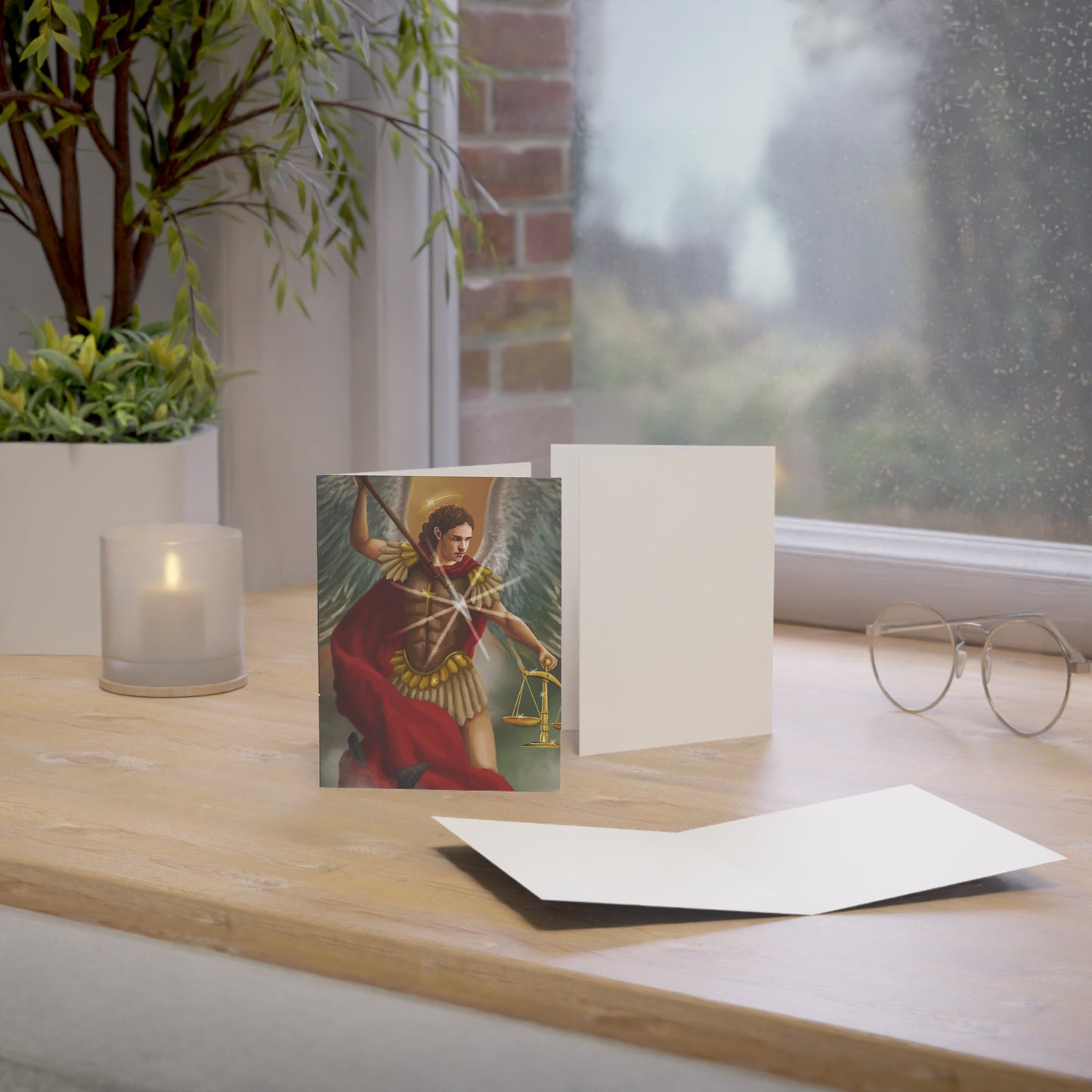 Archangel Michael Greeting Card — Religious Prayer Card with Scales Artwork