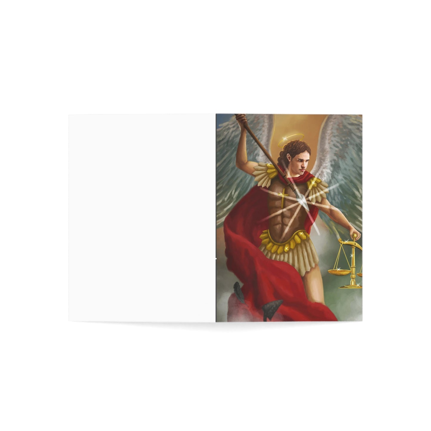 Archangel Michael Greeting Card — Religious Prayer Card with Scales Artwork
