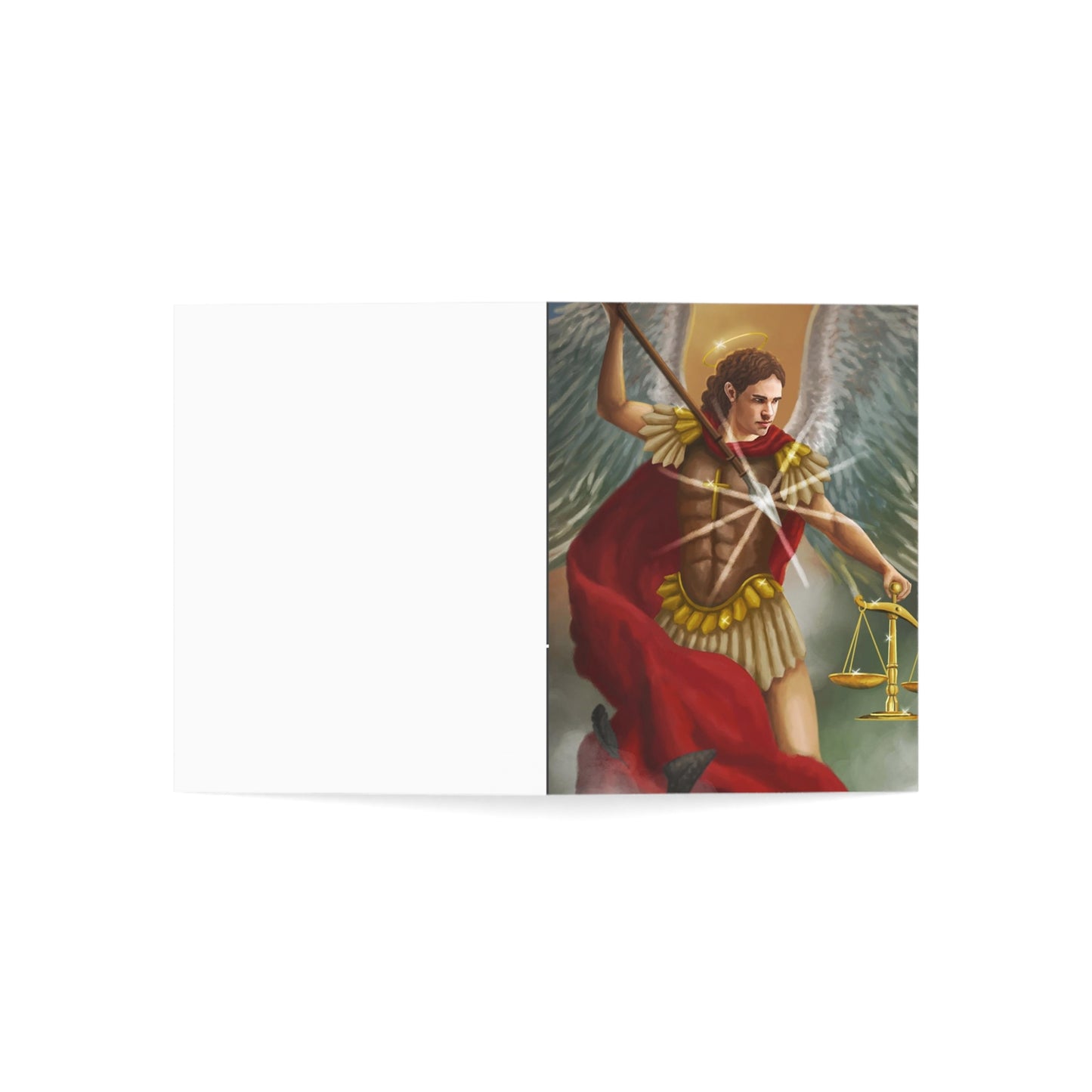 Archangel Michael Greeting Card — Religious Prayer Card with Scales Artwork