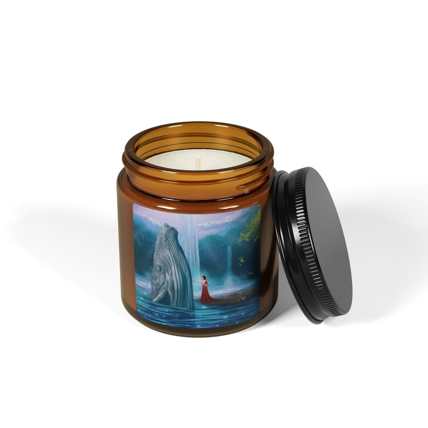 Soy Candle — Mystical Waterfall Scene (Amber Jar, Scented)