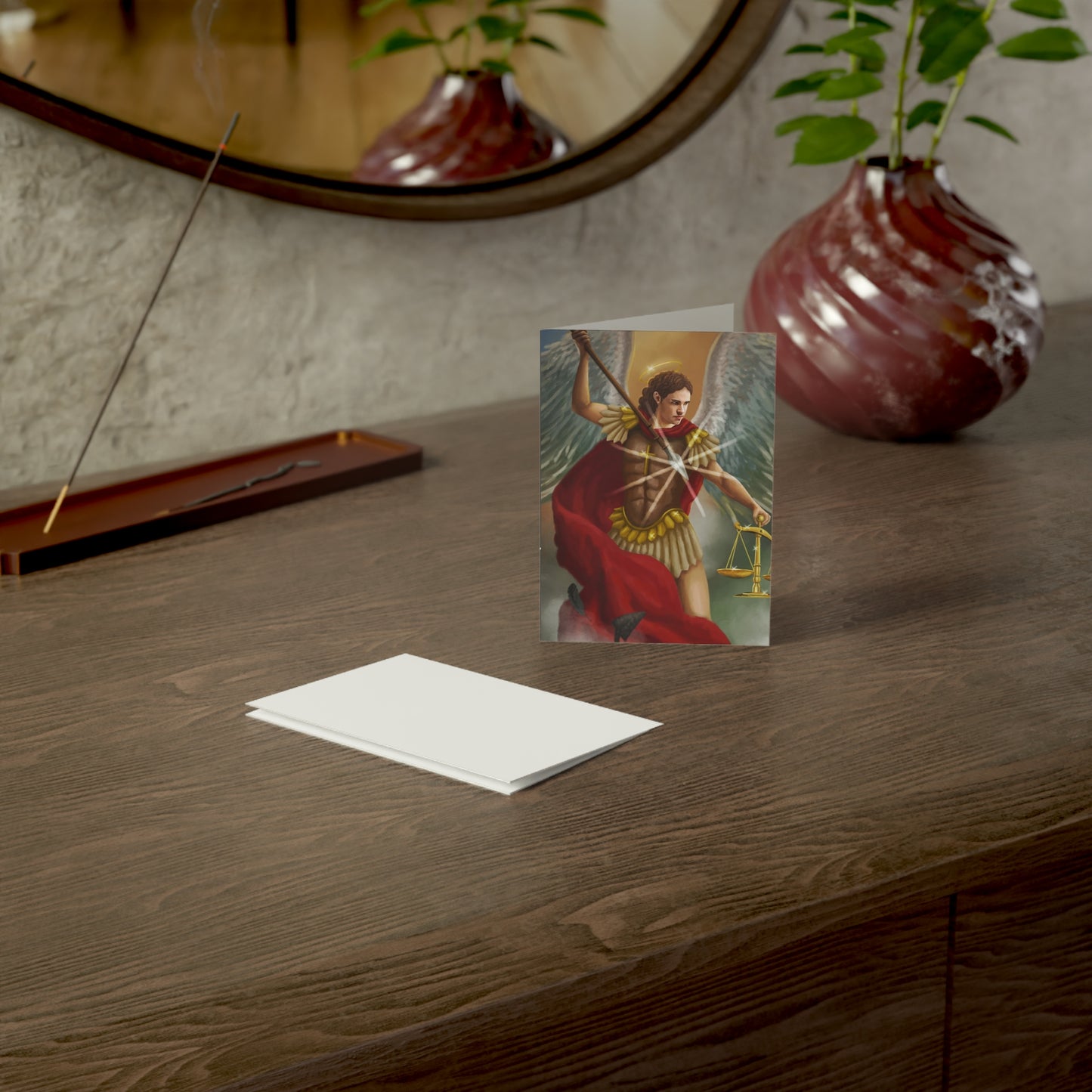 Archangel Michael Greeting Card — Religious Prayer Card with Scales Artwork