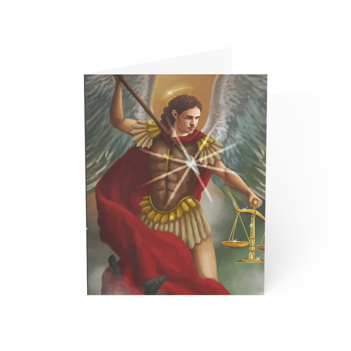 Archangel Michael Greeting Card — Religious Prayer Card with Scales Artwork