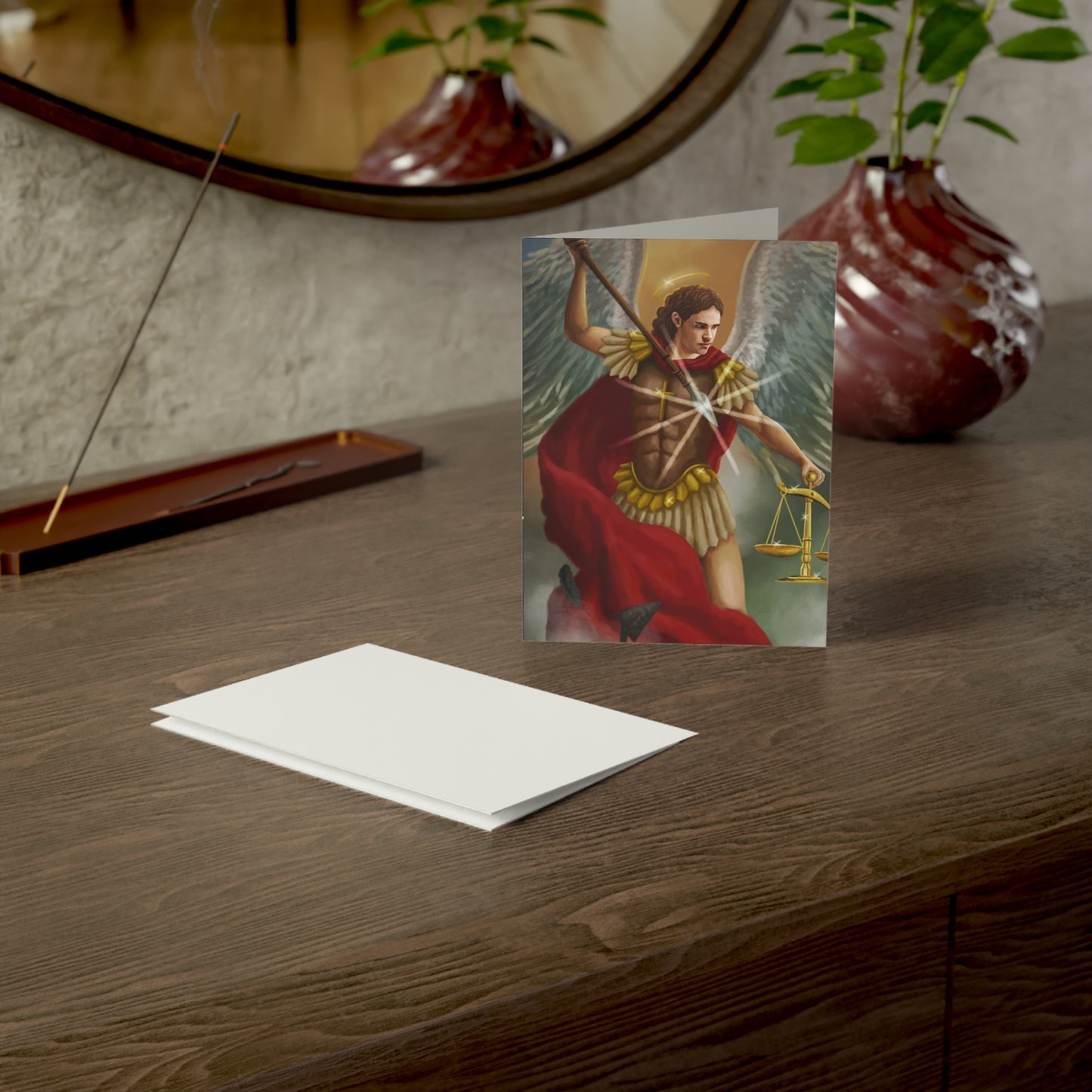 Archangel Michael Greeting Card — Religious Prayer Card with Scales Artwork