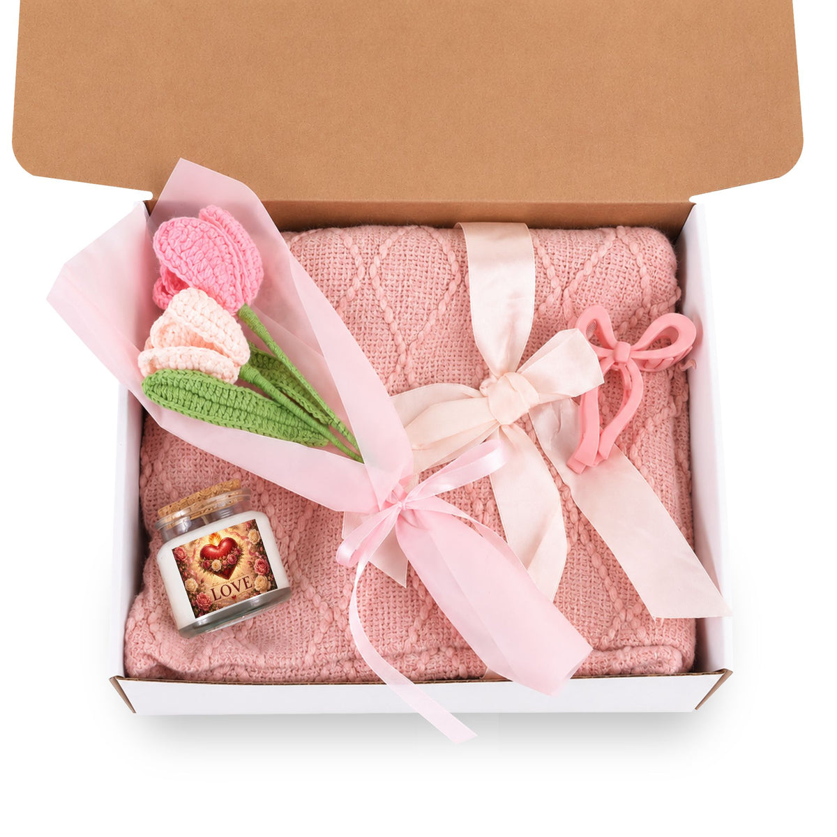 4-Piece Gift Set (Candle, Blanket, Crochet Bouquet, Bow Clip)