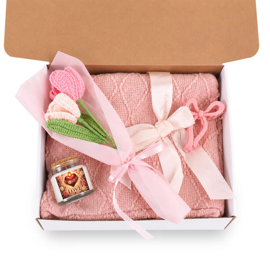 4-Piece Gift Set (Candle, Blanket, Crochet Bouquet, Bow Clip)