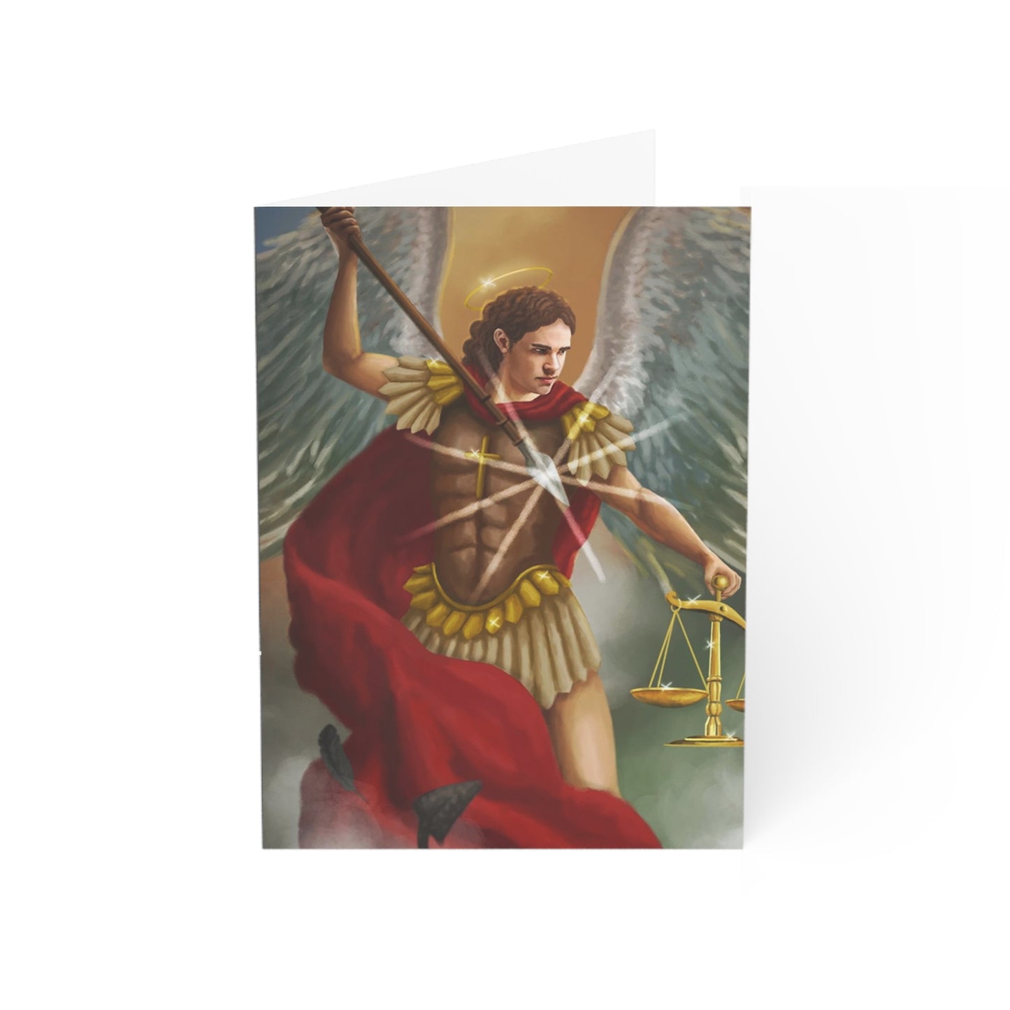 Archangel Michael Greeting Card — Religious Prayer Card with Scales Artwork