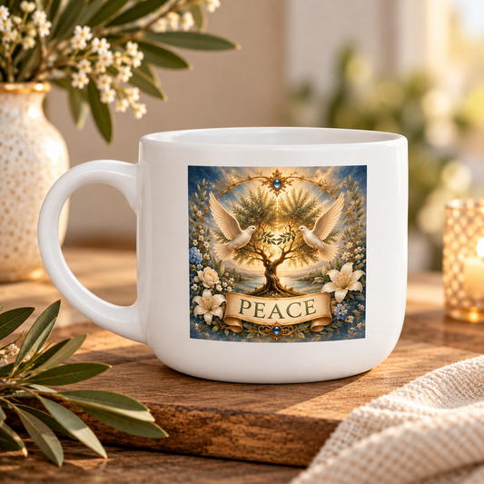 White Ceramic Latte Mug, 25oz - 'Peace'