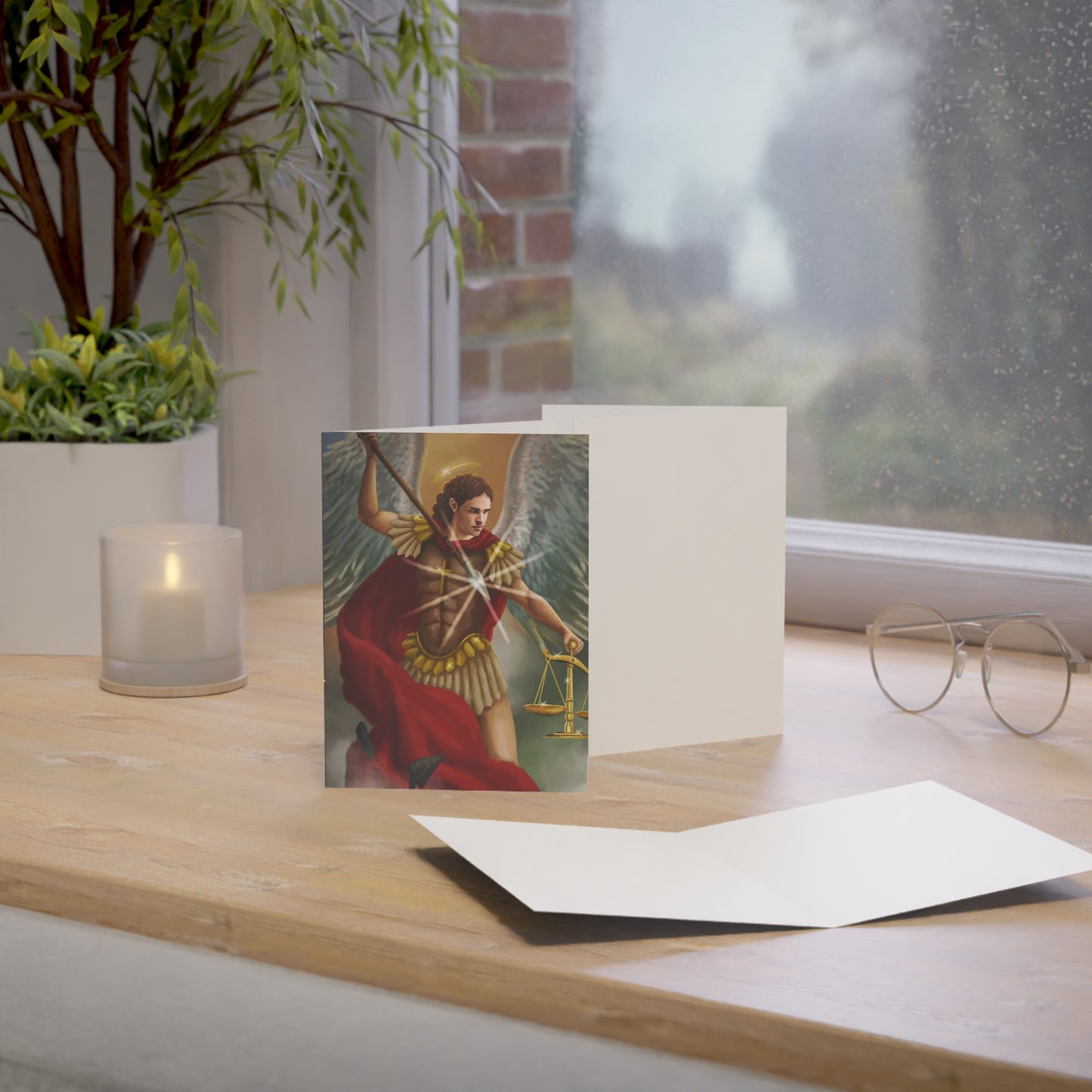 Archangel Michael Greeting Card — Religious Prayer Card with Scales Artwork