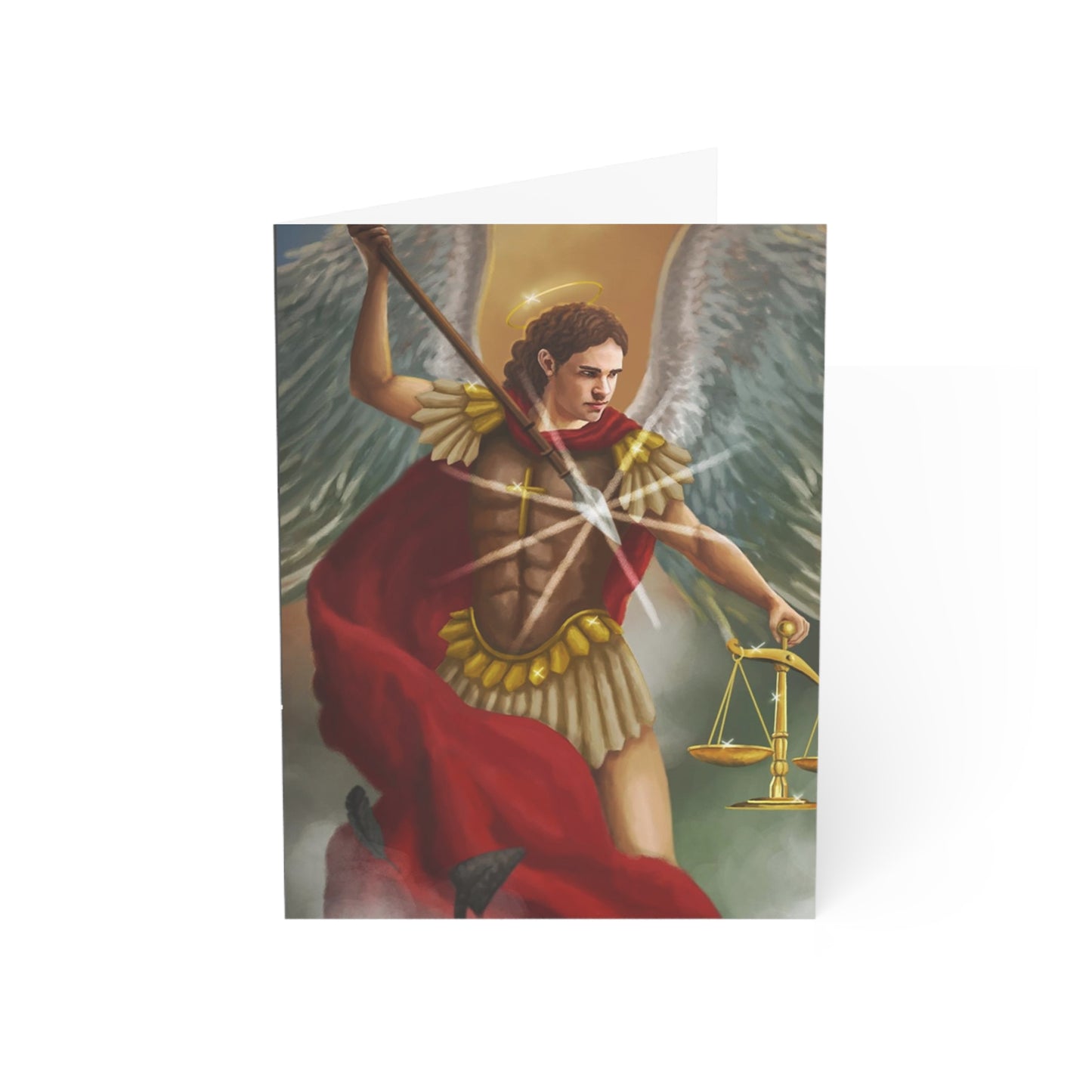 Archangel Michael Greeting Card — Religious Prayer Card with Scales Artwork
