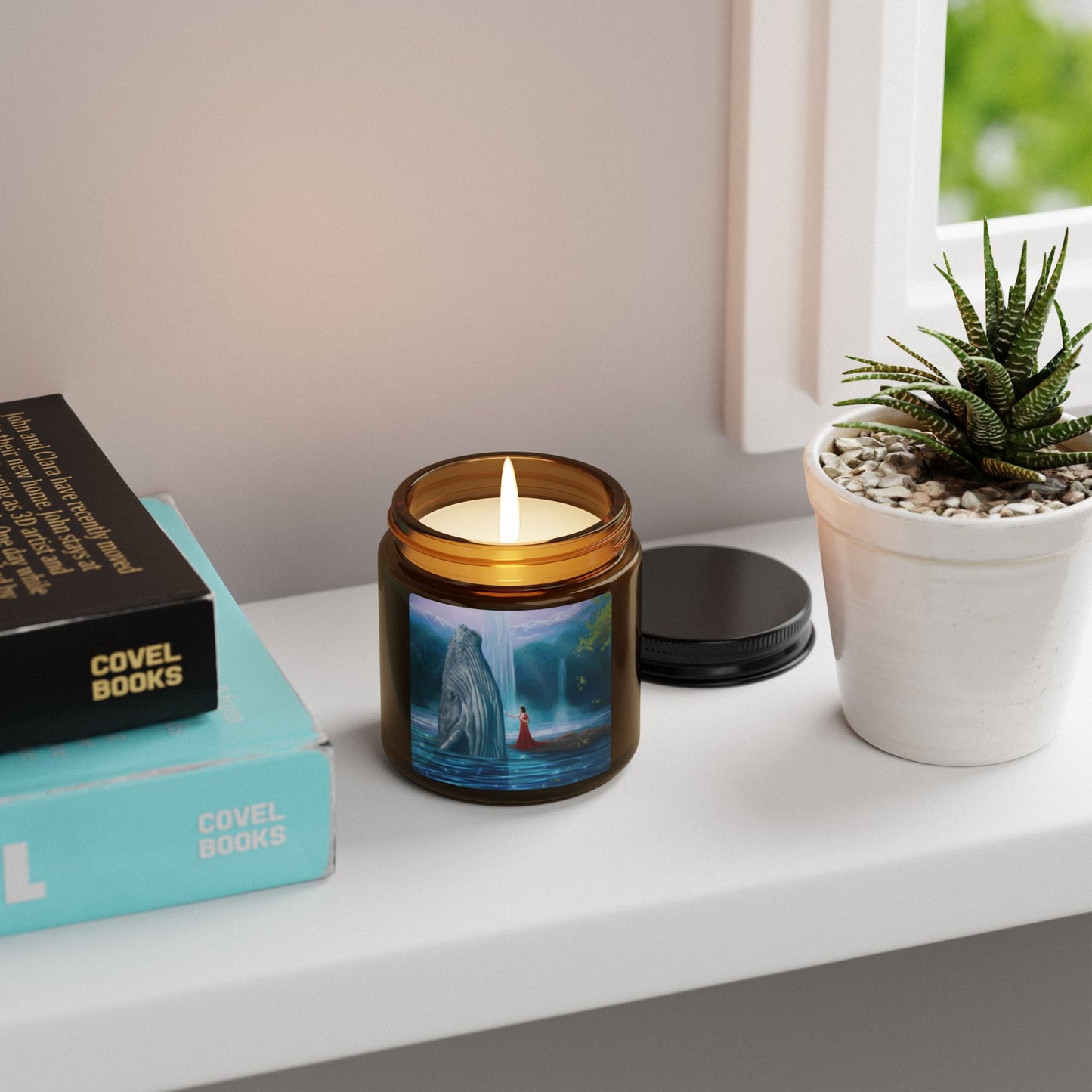 Soy Candle — Mystical Waterfall Scene (Amber Jar, Scented)