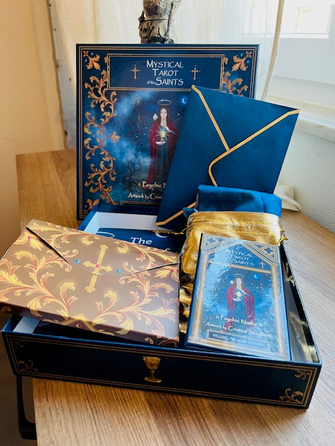Box Set Limited Edition of the Mystical Tarot of the Saints. Premium gift containing  gold edges linen tarot cards, altar cloth, art prints