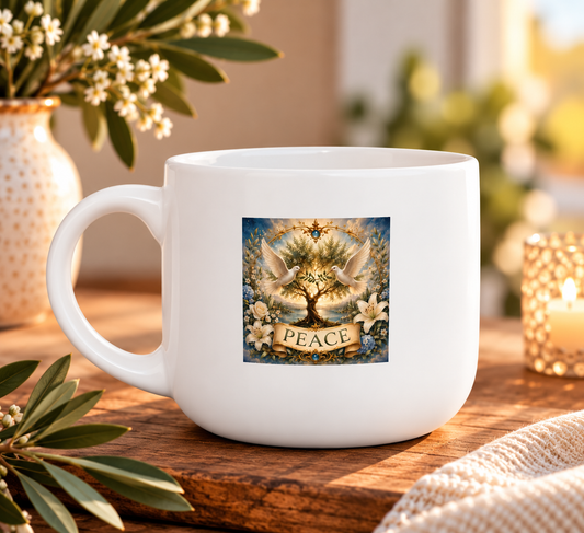 White Ceramic Latte Mug, 25oz - 'Peace'